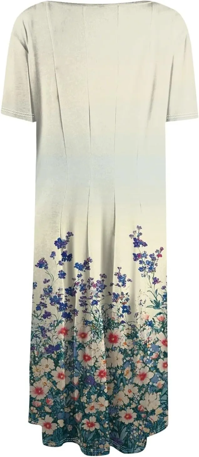 Sundresses for Women 2025 Summer Maxi Loose Floral Comfy Dress Short Sleeve V Neck Prom Flowly Boho Dresses