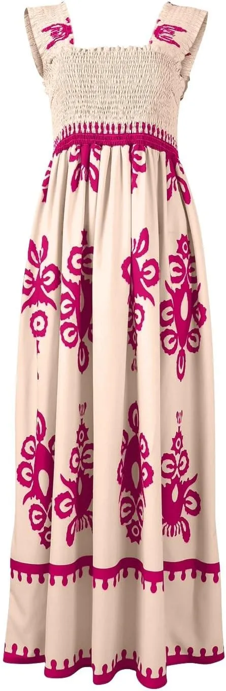 Sundresses for Women,2025 Summer Trendy Floral Smocked Maxi Dress,Sleeveless Square Neck Flowy Boho Vacation Dress