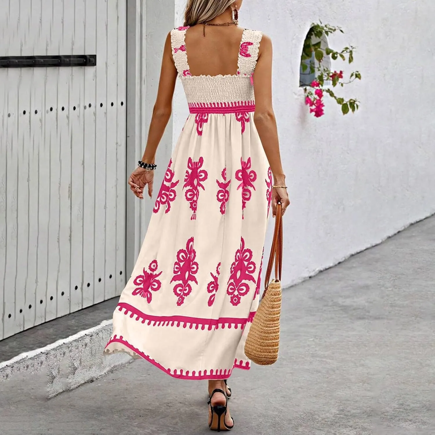 Sundresses for Women,2025 Summer Trendy Floral Smocked Maxi Dress,Sleeveless Square Neck Flowy Boho Vacation Dress