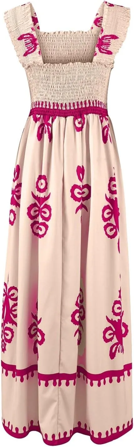 Sundresses for Women,2025 Summer Trendy Floral Smocked Maxi Dress,Sleeveless Square Neck Flowy Boho Vacation Dress