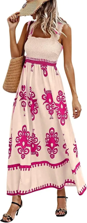 Sundresses for Women,2025 Summer Trendy Floral Smocked Maxi Dress,Sleeveless Square Neck Flowy Boho Vacation Dress