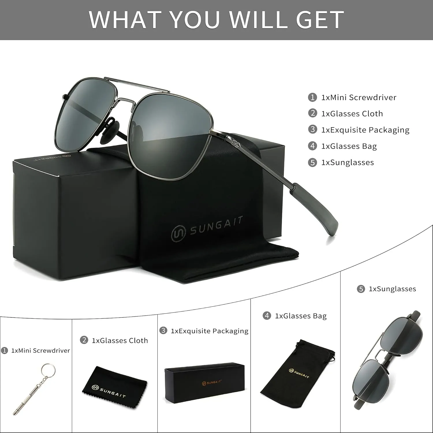 SUNGAIT Men's Military Style Polarized Pilot Aviator Sunglasses Bayonet Temples