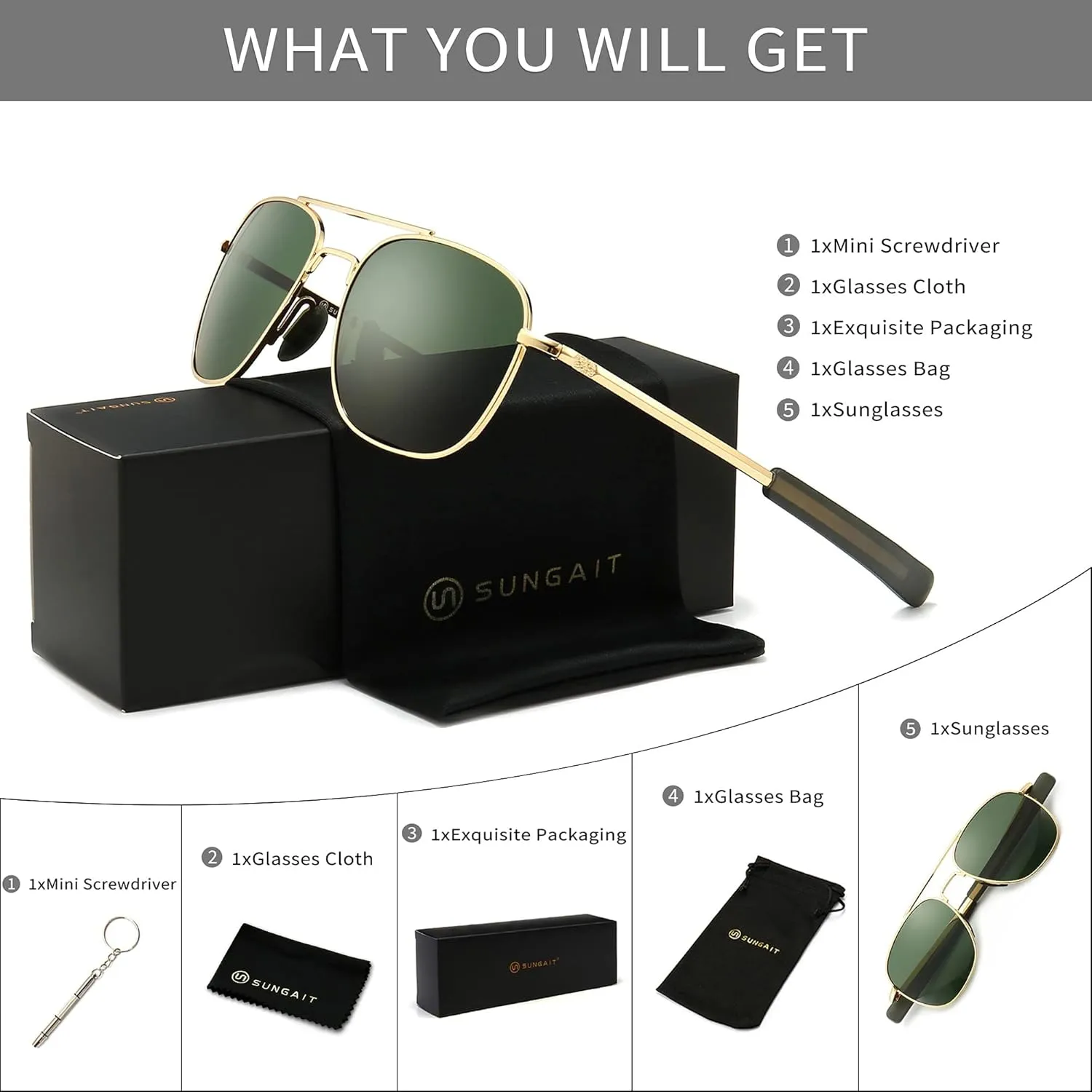 SUNGAIT Men's Military Style Polarized Pilot Aviator Sunglasses Bayonet Temples