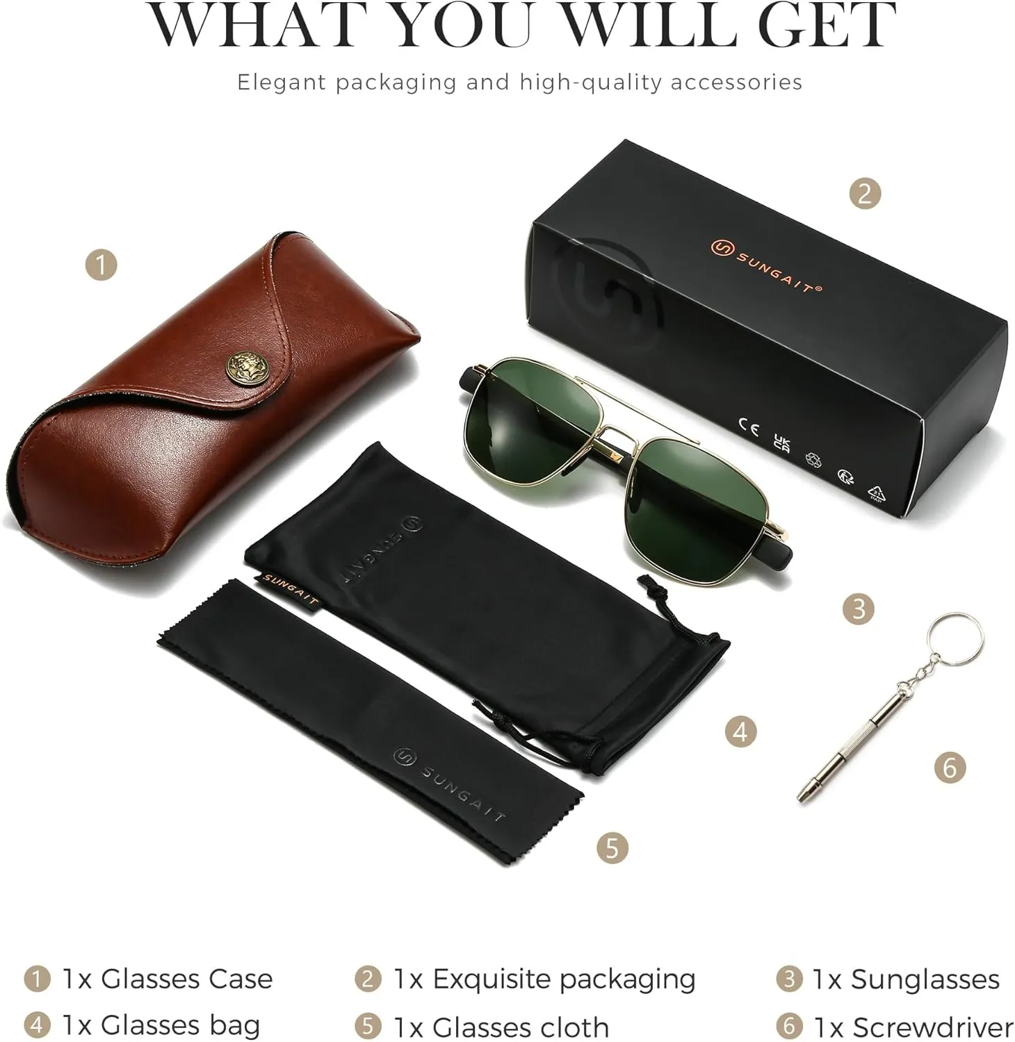 SUNGAIT Men's Military Style Polarized Pilot Aviator Sunglasses Bayonet Temples