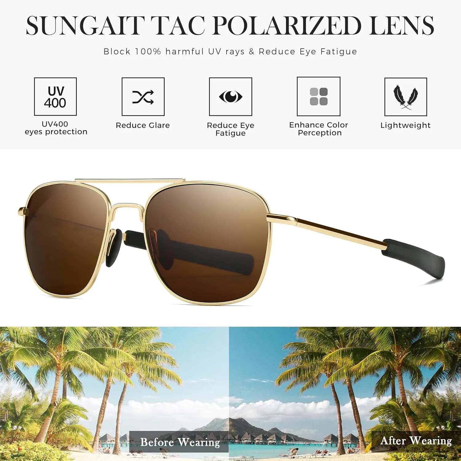 SUNGAIT Real Glass Lens Sunglasses for Men Military Pilot Aviator Style Upgraded Spring Hinge w. TAC Lens Option