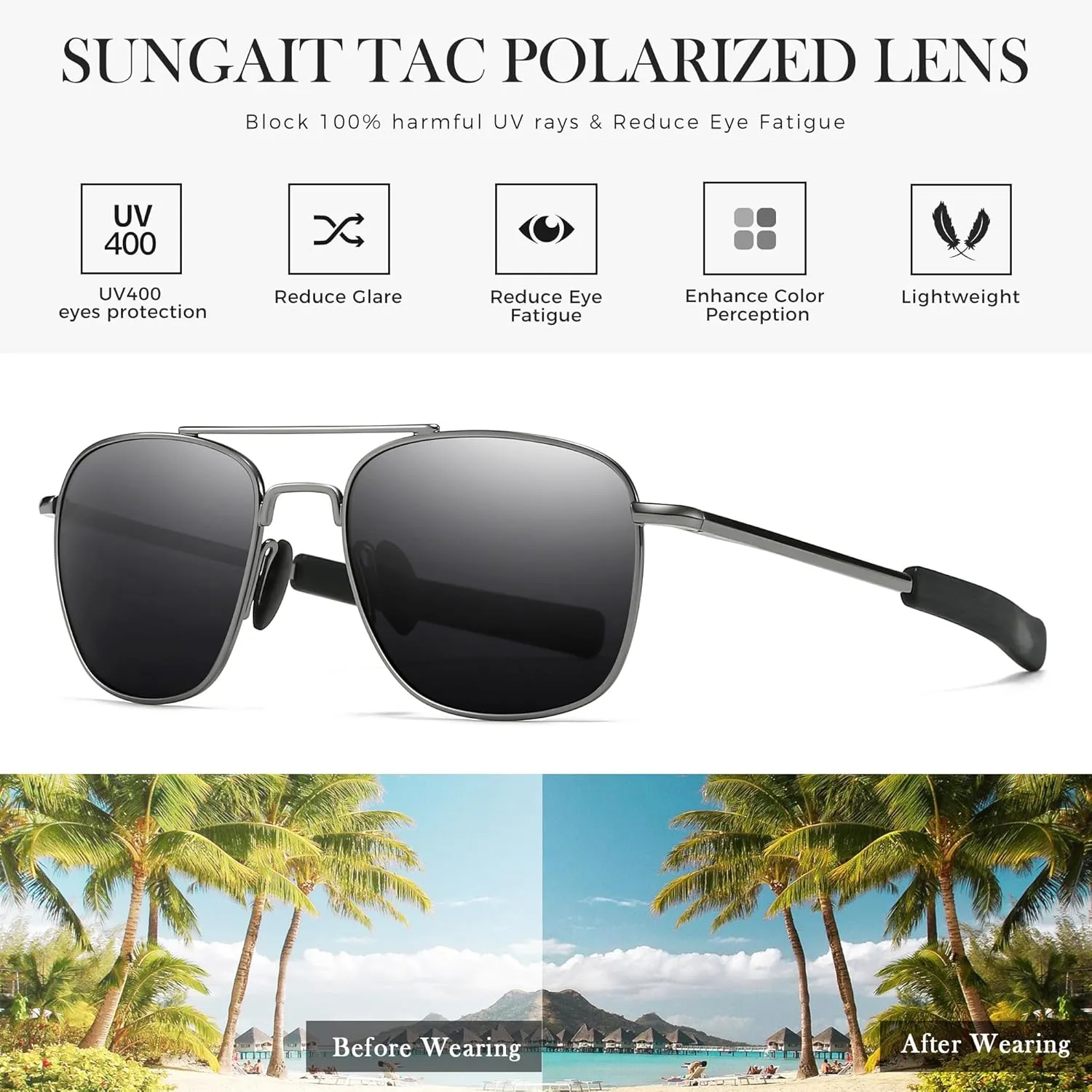 SUNGAIT Real Glass Lens Sunglasses for Men Military Pilot Aviator Style Upgraded Spring Hinge w. TAC Lens Option