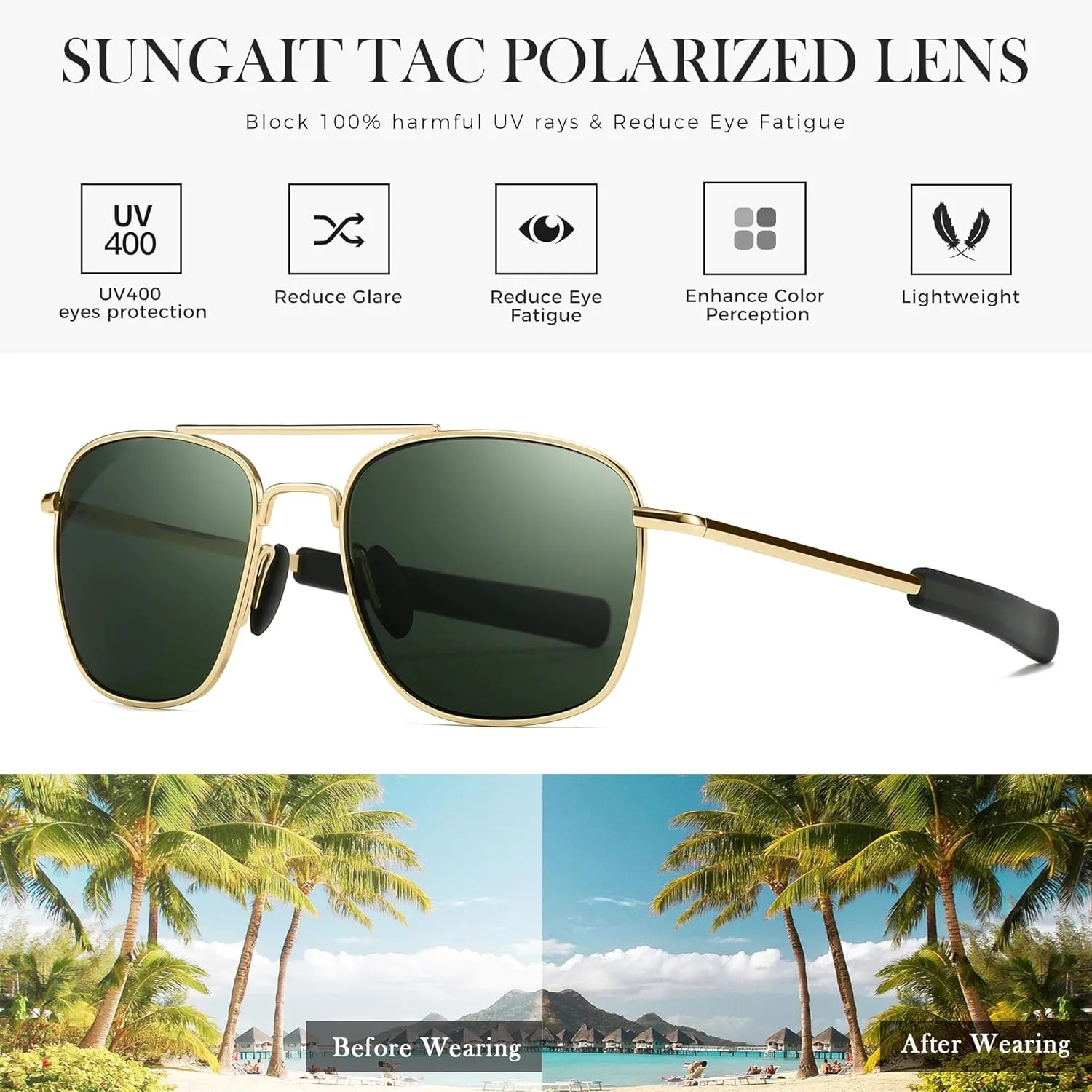 SUNGAIT Real Glass Lens Sunglasses for Men Military Pilot Aviator Style Upgraded Spring Hinge w. TAC Lens Option
