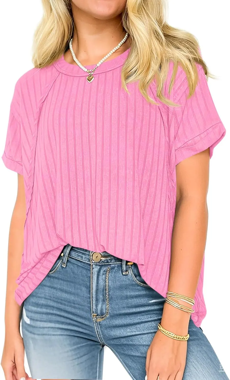 Tankaneo Womens Oversized T Shirts Summer Ribbed Knit Cuffed Short Sleeve Tunic Tops Casual Loose Fit Tees