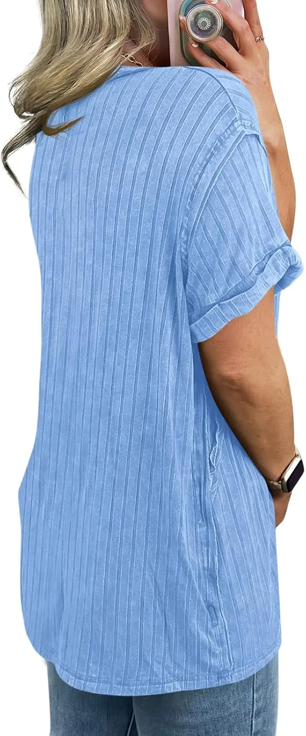 Tankaneo Womens Oversized T Shirts Summer Ribbed Knit Cuffed Short Sleeve Tunic Tops Casual Loose Fit Tees