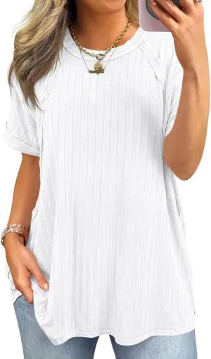 Tankaneo Womens Oversized T Shirts Summer Ribbed Knit Cuffed Short Sleeve Tunic Tops Casual Loose Fit Tees
