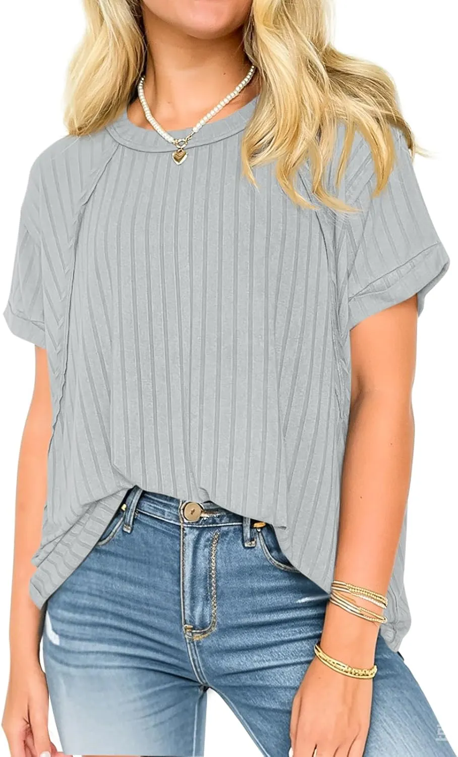 Tankaneo Womens Oversized T Shirts Summer Ribbed Knit Cuffed Short Sleeve Tunic Tops Casual Loose Fit Tees
