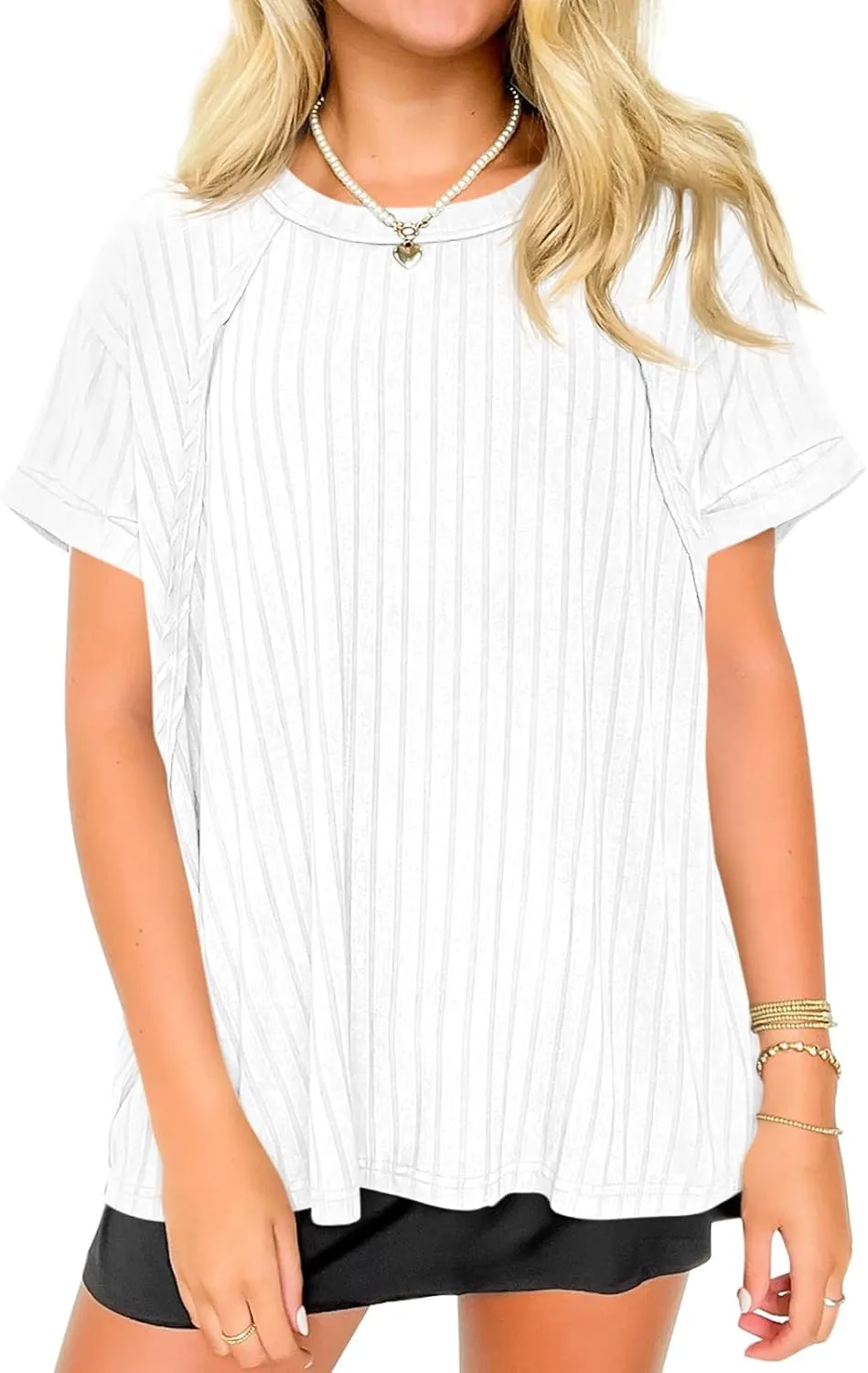 Tankaneo Womens Oversized T Shirts Summer Ribbed Knit Cuffed Short Sleeve Tunic Tops Casual Loose Fit Tees