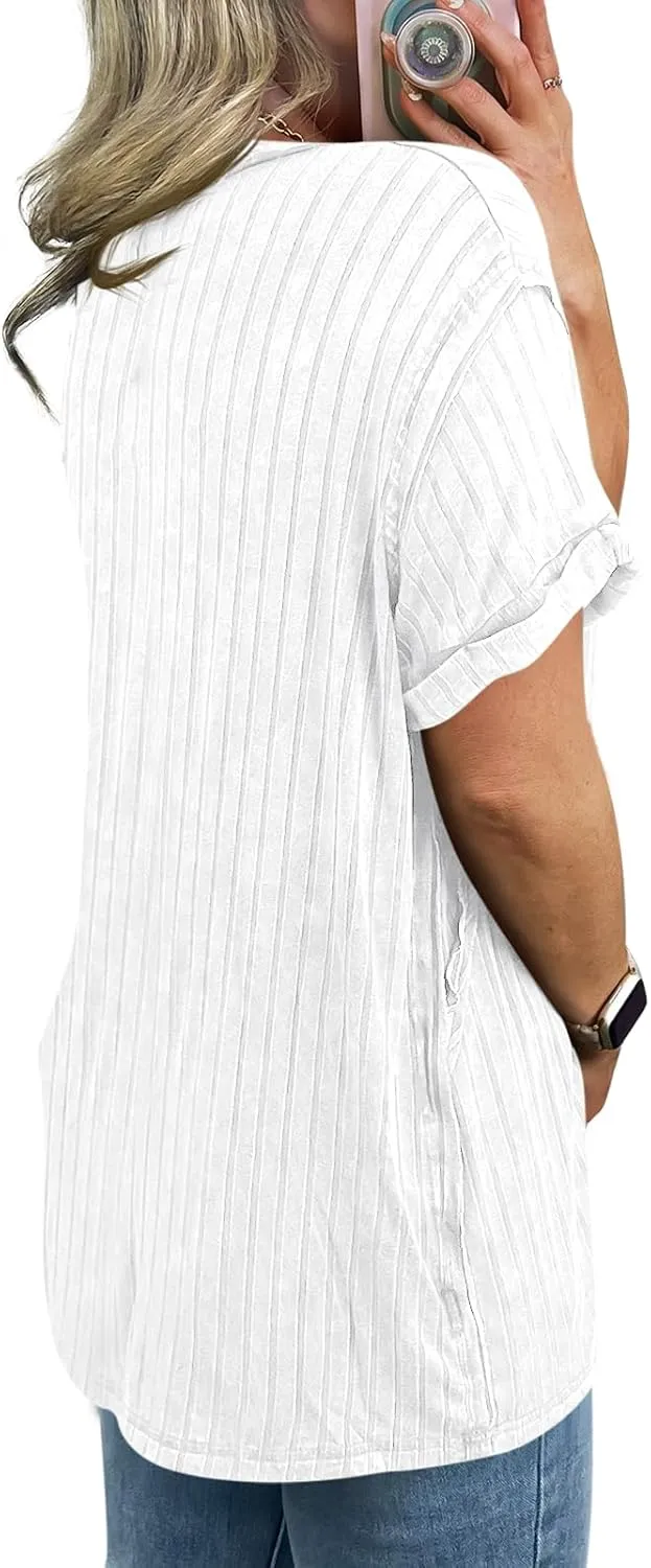 Tankaneo Womens Oversized T Shirts Summer Ribbed Knit Cuffed Short Sleeve Tunic Tops Casual Loose Fit Tees