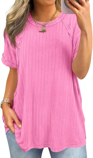 Tankaneo Womens Oversized T Shirts Summer Ribbed Knit Cuffed Short Sleeve Tunic Tops Casual Loose Fit Tees