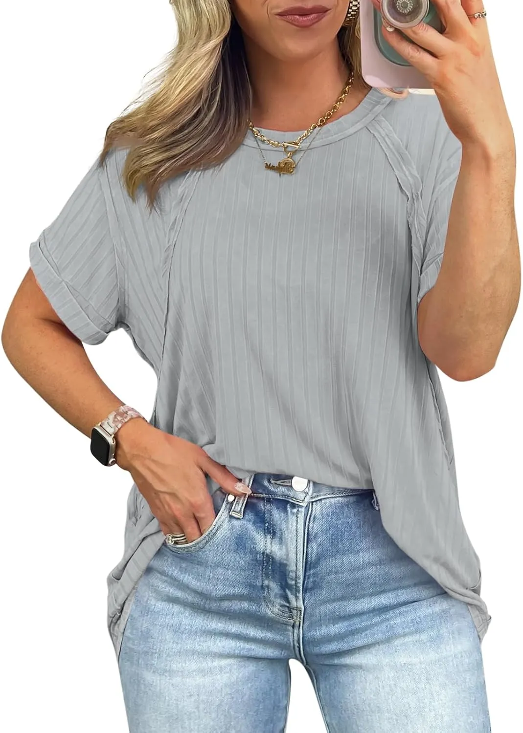 Tankaneo Womens Oversized T Shirts Summer Ribbed Knit Cuffed Short Sleeve Tunic Tops Casual Loose Fit Tees