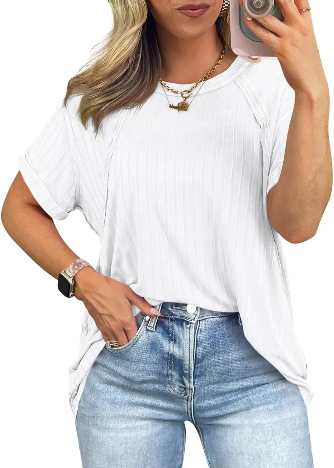 Tankaneo Womens Oversized T Shirts Summer Ribbed Knit Cuffed Short Sleeve Tunic Tops Casual Loose Fit Tees