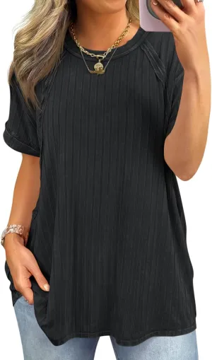 Tankaneo Womens Oversized T Shirts Summer Ribbed Knit Cuffed Short Sleeve Tunic Tops Casual Loose Fit Tees