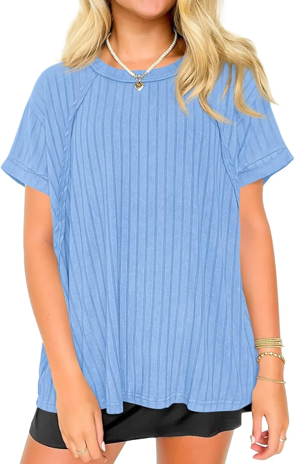 Tankaneo Womens Oversized T Shirts Summer Ribbed Knit Cuffed Short Sleeve Tunic Tops Casual Loose Fit Tees