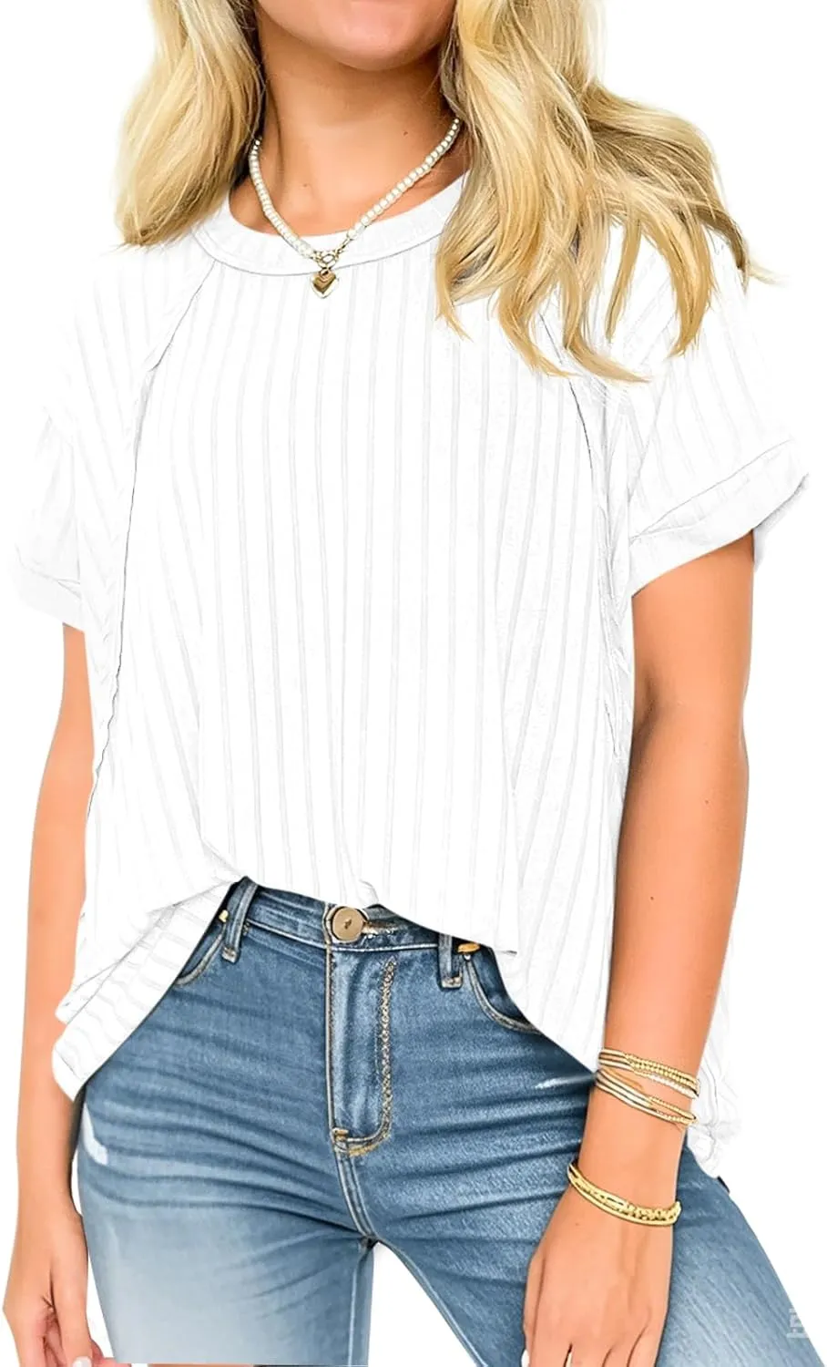 Tankaneo Womens Oversized T Shirts Summer Ribbed Knit Cuffed Short Sleeve Tunic Tops Casual Loose Fit Tees