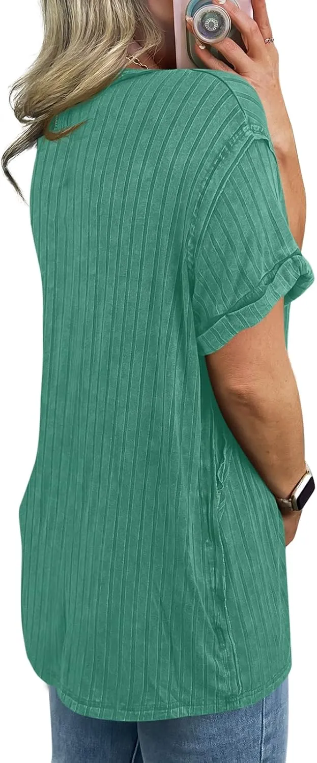 Tankaneo Womens Oversized T Shirts Summer Ribbed Knit Cuffed Short Sleeve Tunic Tops Casual Loose Fit Tees