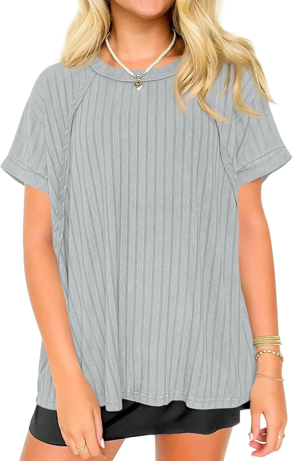 Tankaneo Womens Oversized T Shirts Summer Ribbed Knit Cuffed Short Sleeve Tunic Tops Casual Loose Fit Tees