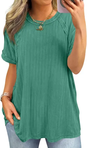Tankaneo Womens Oversized T Shirts Summer Ribbed Knit Cuffed Short Sleeve Tunic Tops Casual Loose Fit Tees