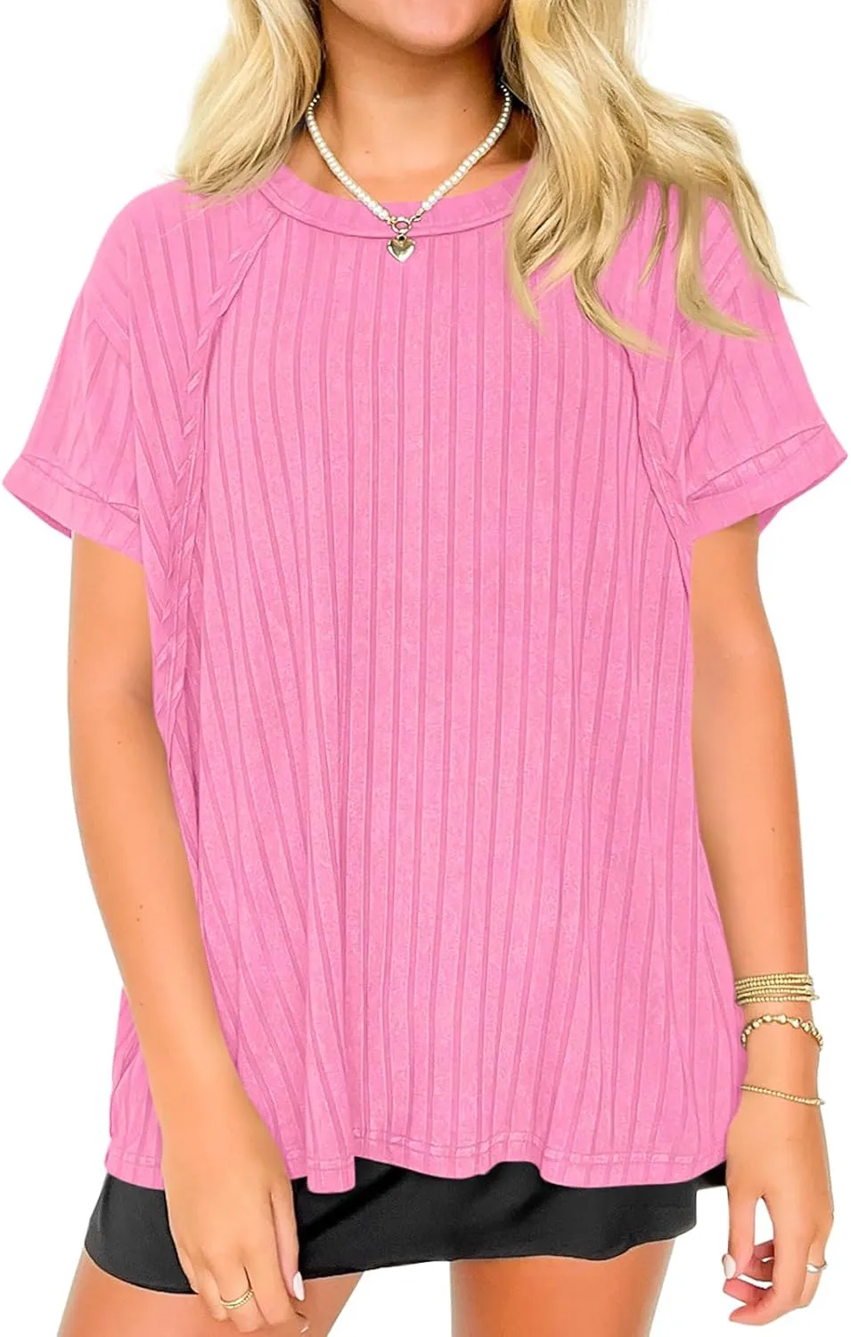 Tankaneo Womens Oversized T Shirts Summer Ribbed Knit Cuffed Short Sleeve Tunic Tops Casual Loose Fit Tees