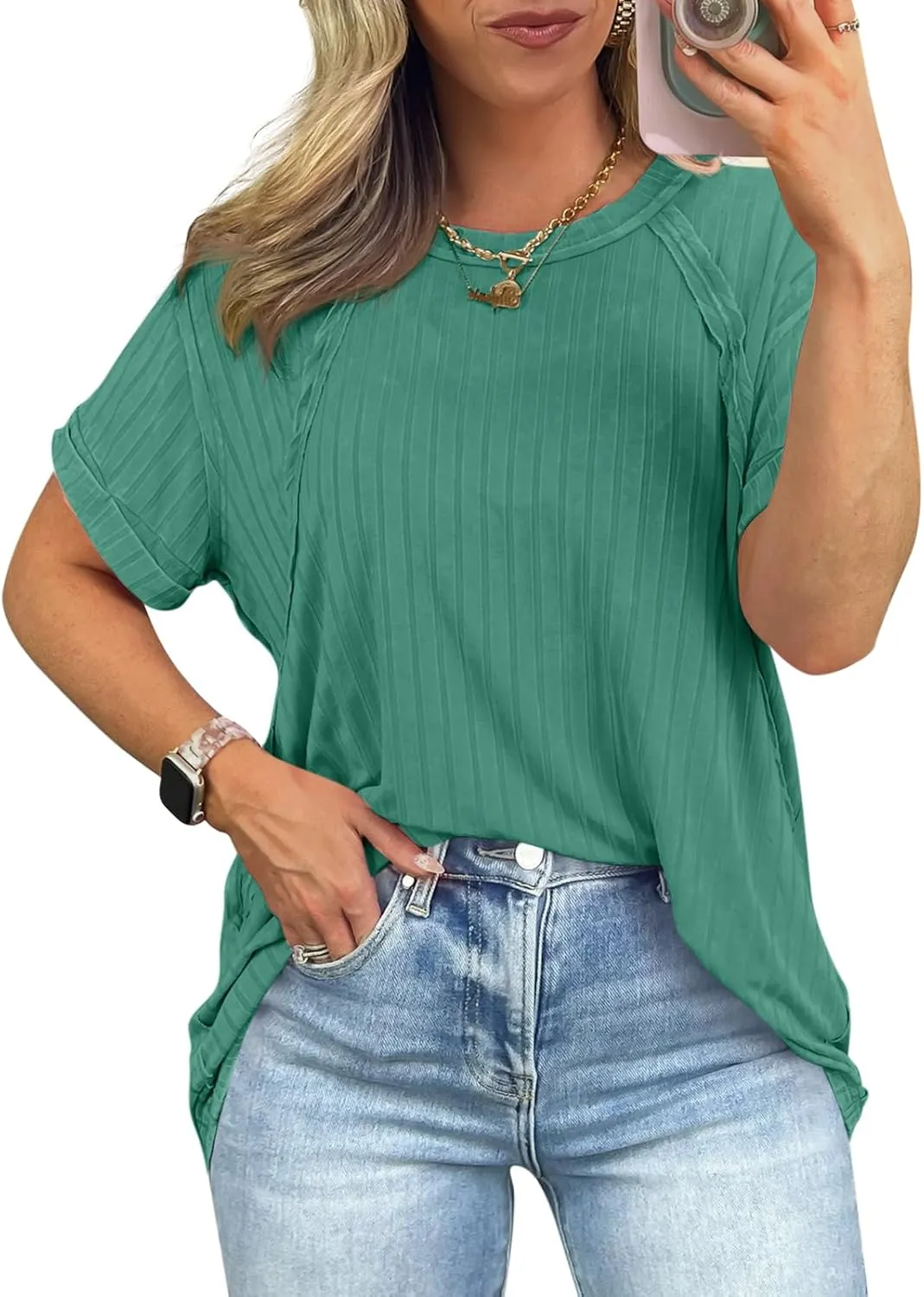 Tankaneo Womens Oversized T Shirts Summer Ribbed Knit Cuffed Short Sleeve Tunic Tops Casual Loose Fit Tees
