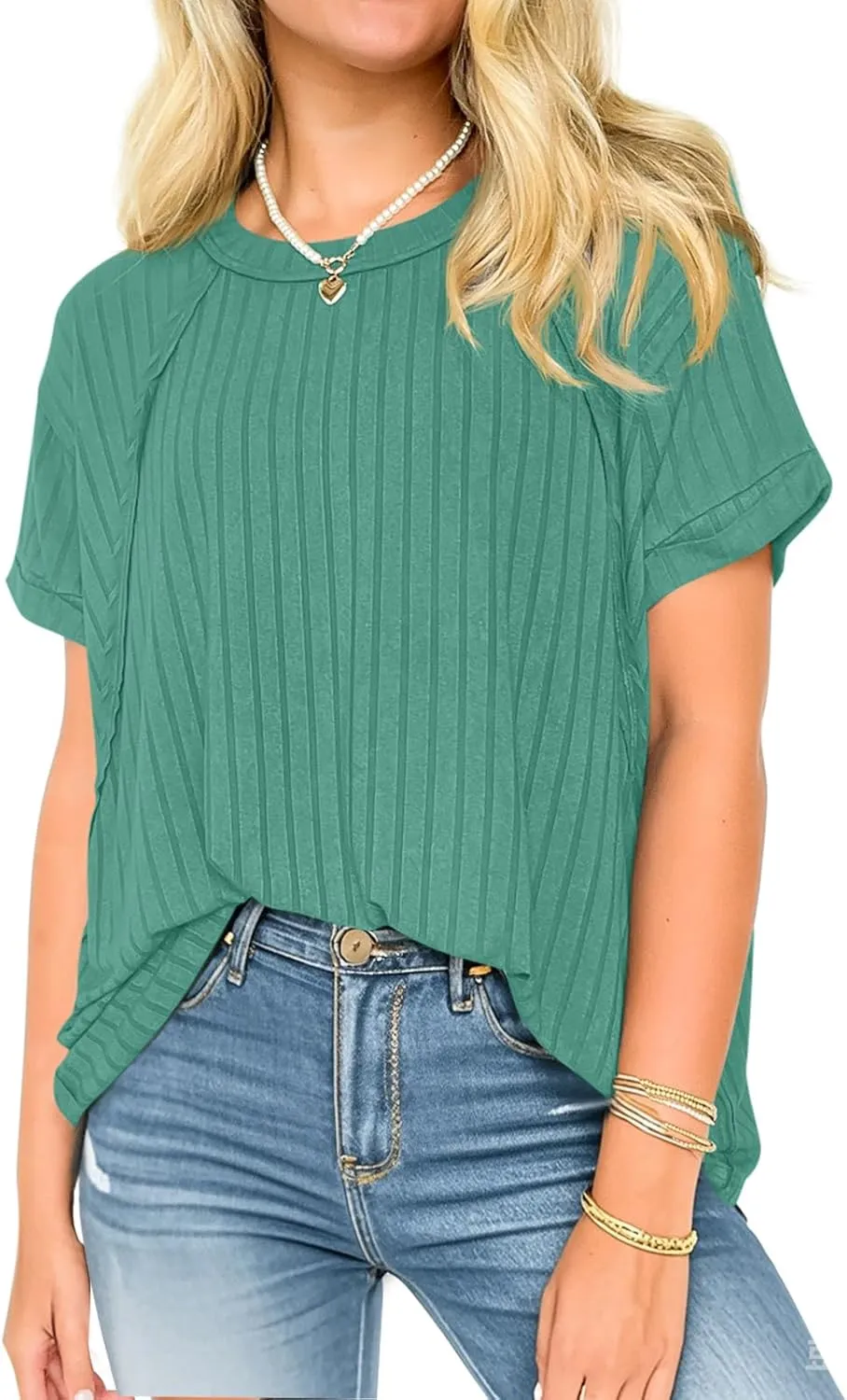 Tankaneo Womens Oversized T Shirts Summer Ribbed Knit Cuffed Short Sleeve Tunic Tops Casual Loose Fit Tees