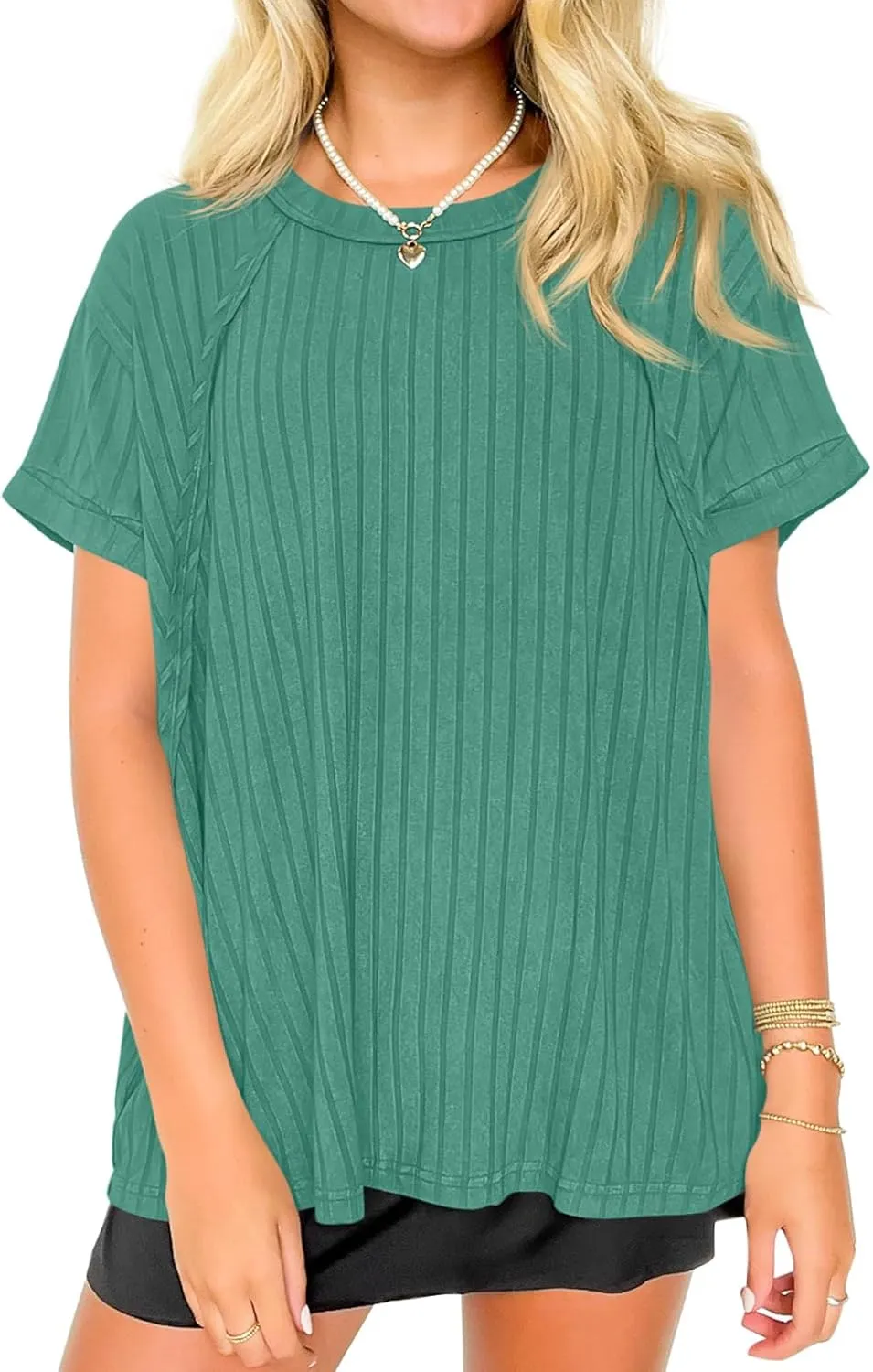 Tankaneo Womens Oversized T Shirts Summer Ribbed Knit Cuffed Short Sleeve Tunic Tops Casual Loose Fit Tees