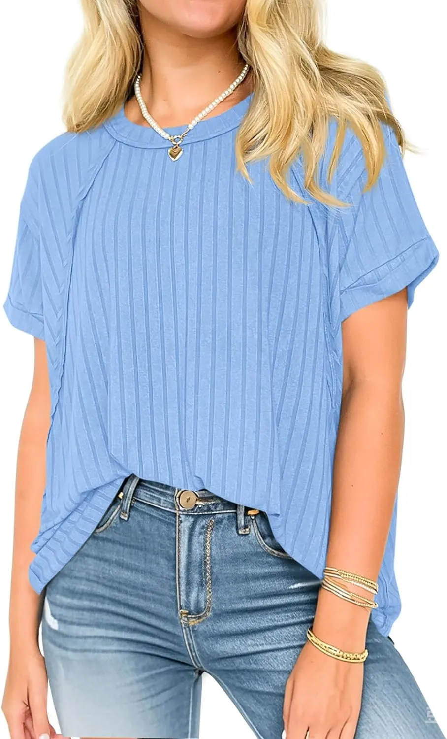 Tankaneo Womens Oversized T Shirts Summer Ribbed Knit Cuffed Short Sleeve Tunic Tops Casual Loose Fit Tees