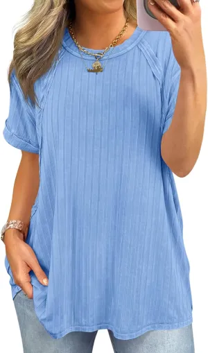 Tankaneo Womens Oversized T Shirts Summer Ribbed Knit Cuffed Short Sleeve Tunic Tops Casual Loose Fit Tees