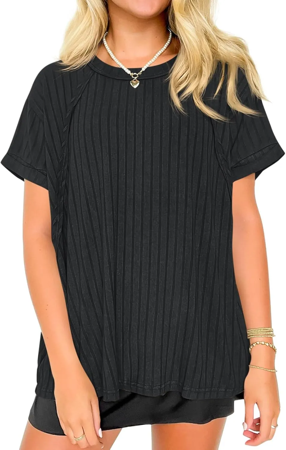 Tankaneo Womens Oversized T Shirts Summer Ribbed Knit Cuffed Short Sleeve Tunic Tops Casual Loose Fit Tees