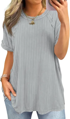 Tankaneo Womens Oversized T Shirts Summer Ribbed Knit Cuffed Short Sleeve Tunic Tops Casual Loose Fit Tees