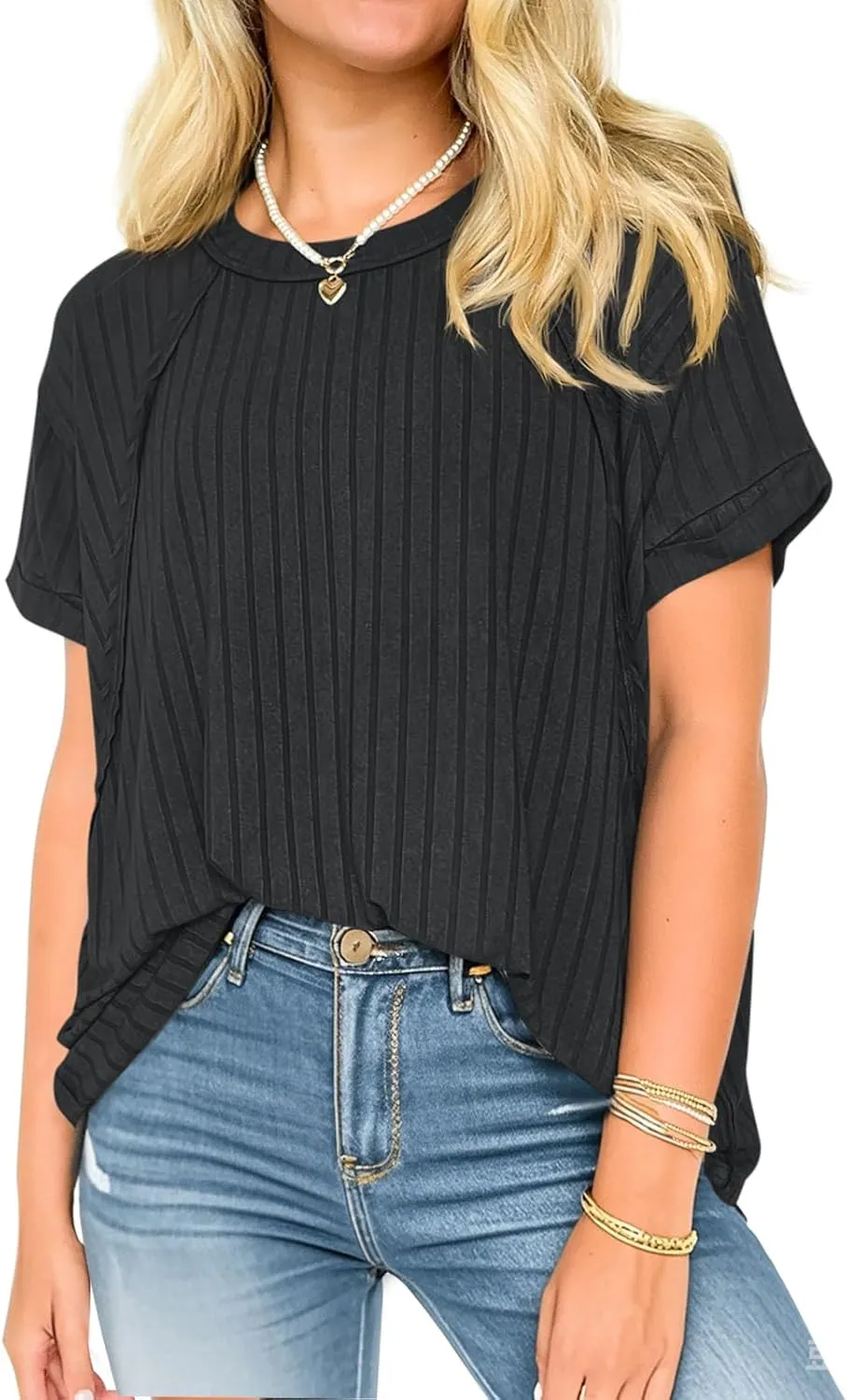 Tankaneo Womens Oversized T Shirts Summer Ribbed Knit Cuffed Short Sleeve Tunic Tops Casual Loose Fit Tees
