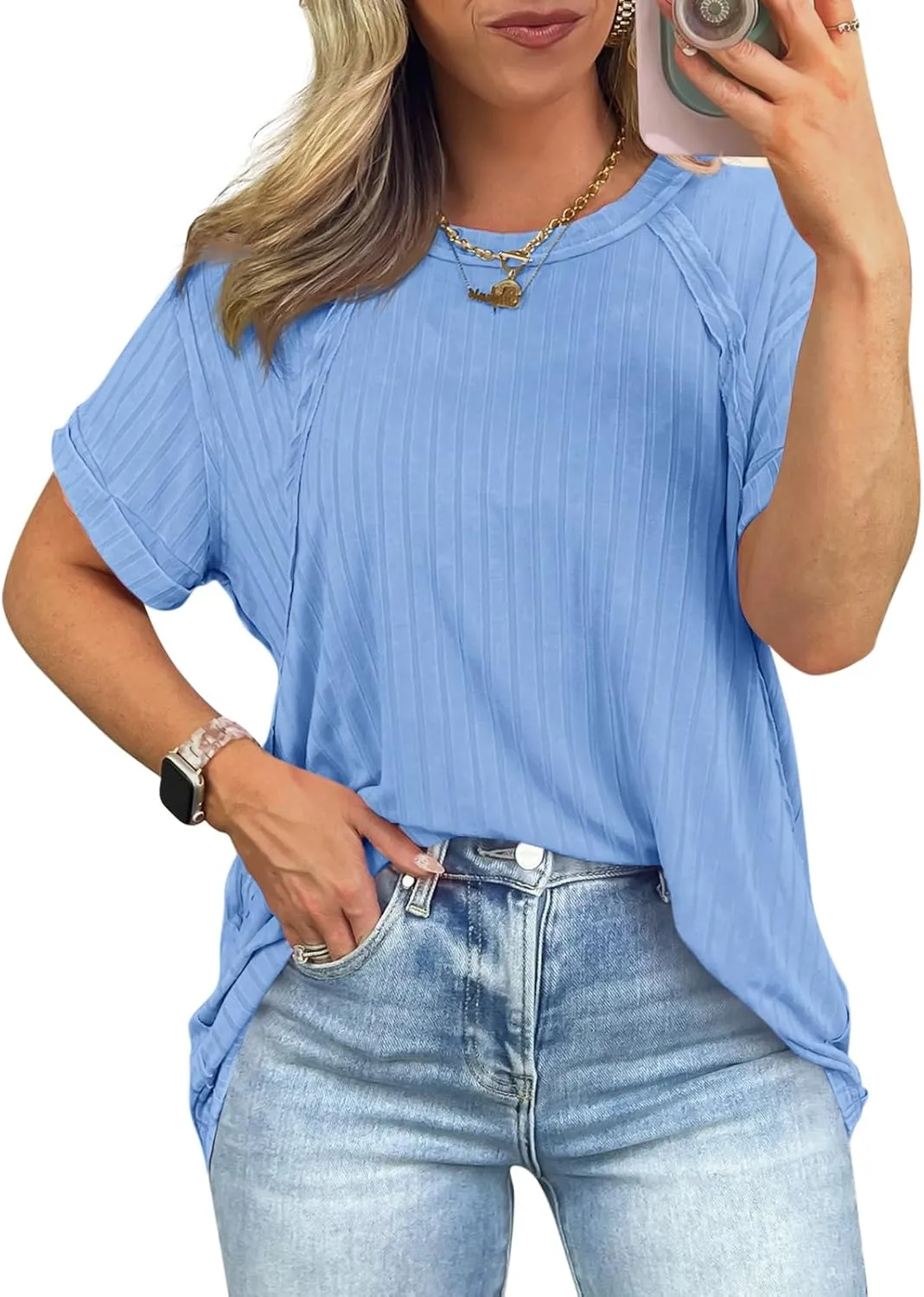 Tankaneo Womens Oversized T Shirts Summer Ribbed Knit Cuffed Short Sleeve Tunic Tops Casual Loose Fit Tees