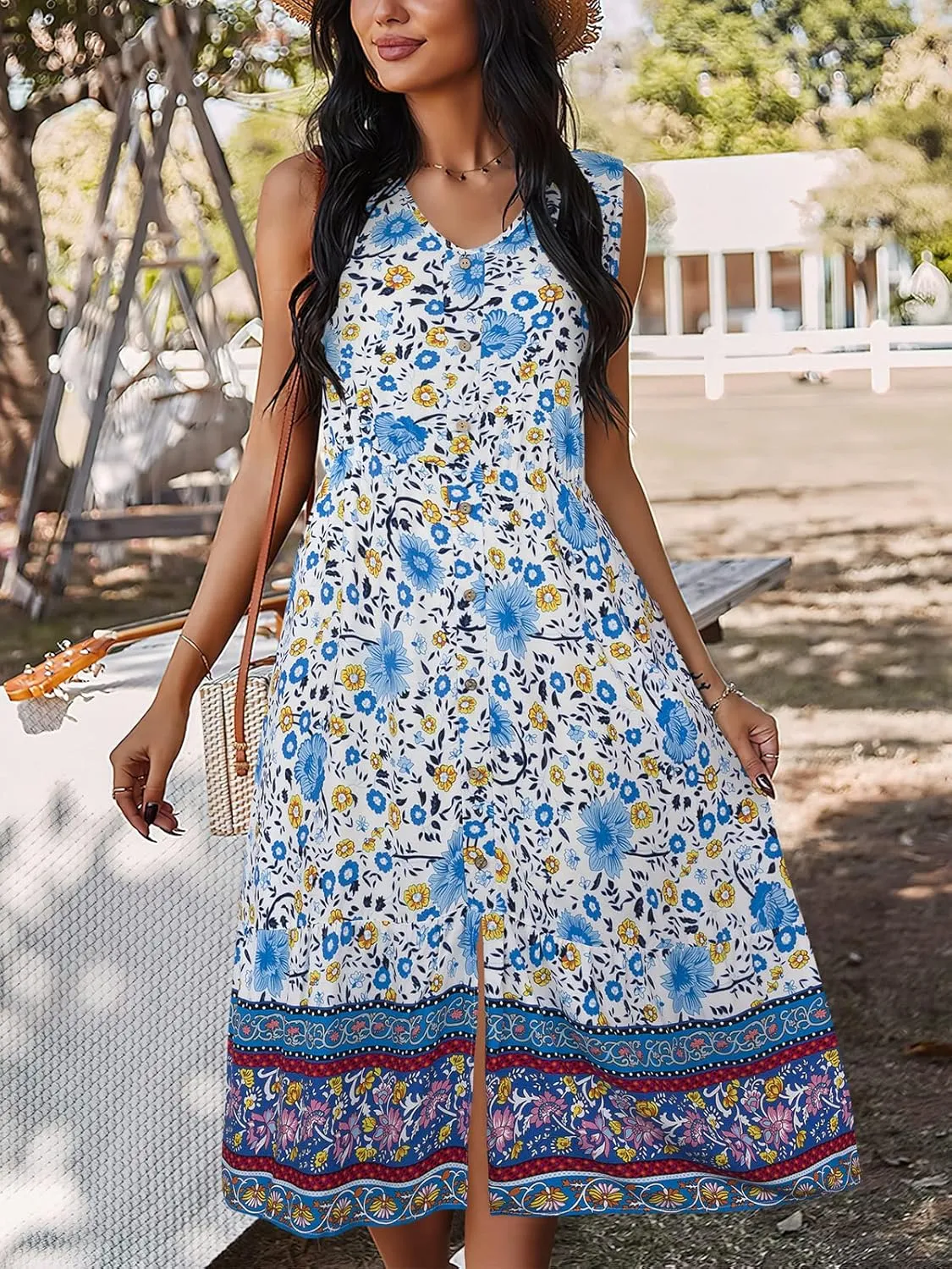 TEMOFON Women Dress Summer Sleeveless Bohemian: Floral V Neck Button Down Flowy Boho Dresses S-XL