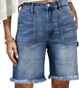 TIAFORD Women's Casual High Rise Straight Leg Frayed Hem Jeans Summer Short Knee Length Denim Shorts with Pockets
