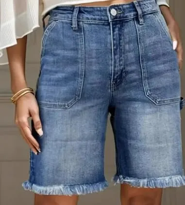 TIAFORD Women's Casual High Rise Straight Leg Frayed Hem Jeans Summer Short Knee Length Denim Shorts with Pockets