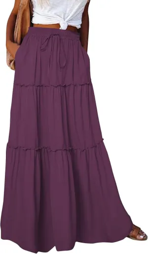 Tiered Maxi Skirts for Women Trendy Casual Elastic High Waisted Flowy Skirt Fall Fashion Ruffle Skirts