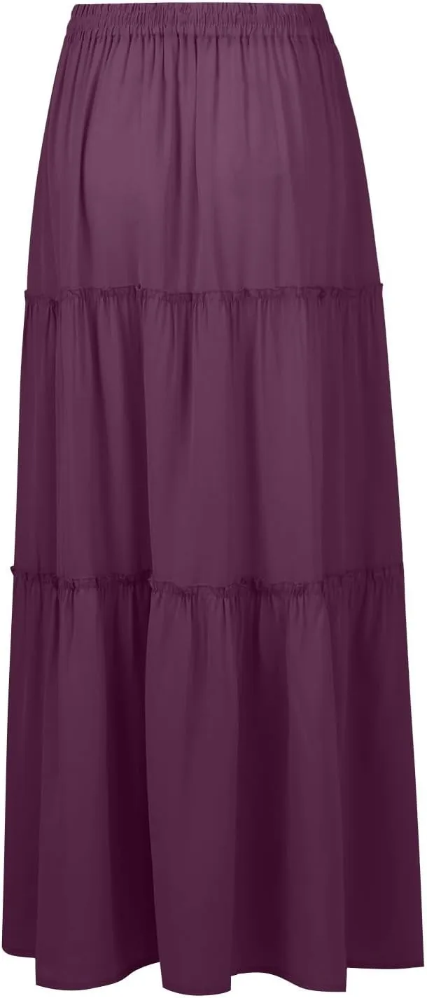 Tiered Maxi Skirts for Women Trendy Casual Elastic High Waisted Flowy Skirt Fall Fashion Ruffle Skirts
