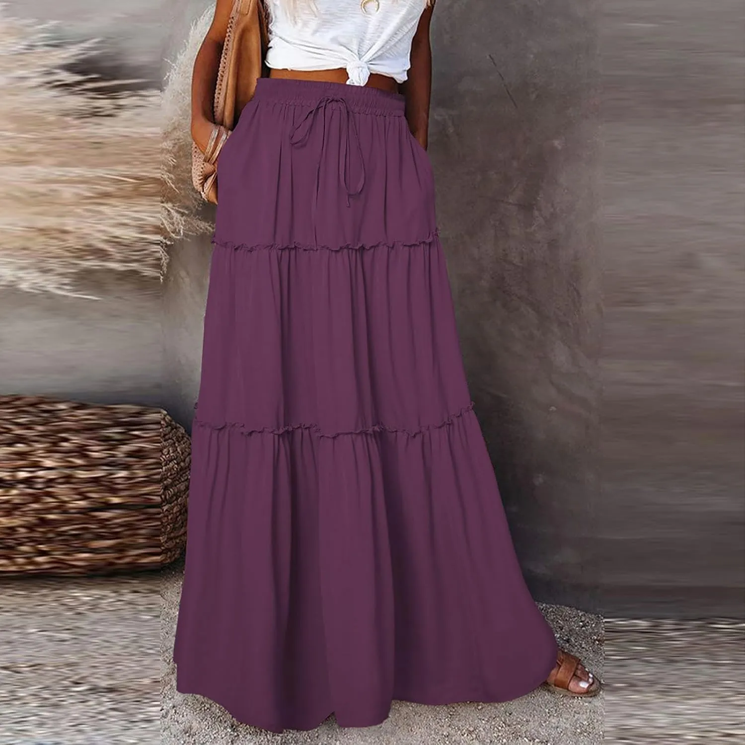 Tiered Maxi Skirts for Women Trendy Casual Elastic High Waisted Flowy Skirt Fall Fashion Ruffle Skirts