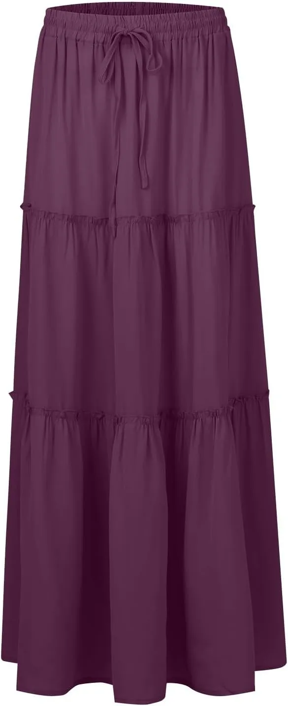 Tiered Maxi Skirts for Women Trendy Casual Elastic High Waisted Flowy Skirt Fall Fashion Ruffle Skirts