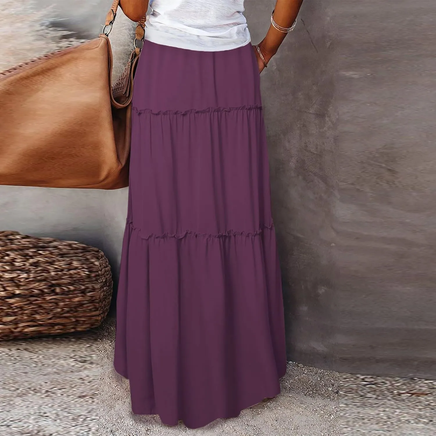 Tiered Maxi Skirts for Women Trendy Casual Elastic High Waisted Flowy Skirt Fall Fashion Ruffle Skirts