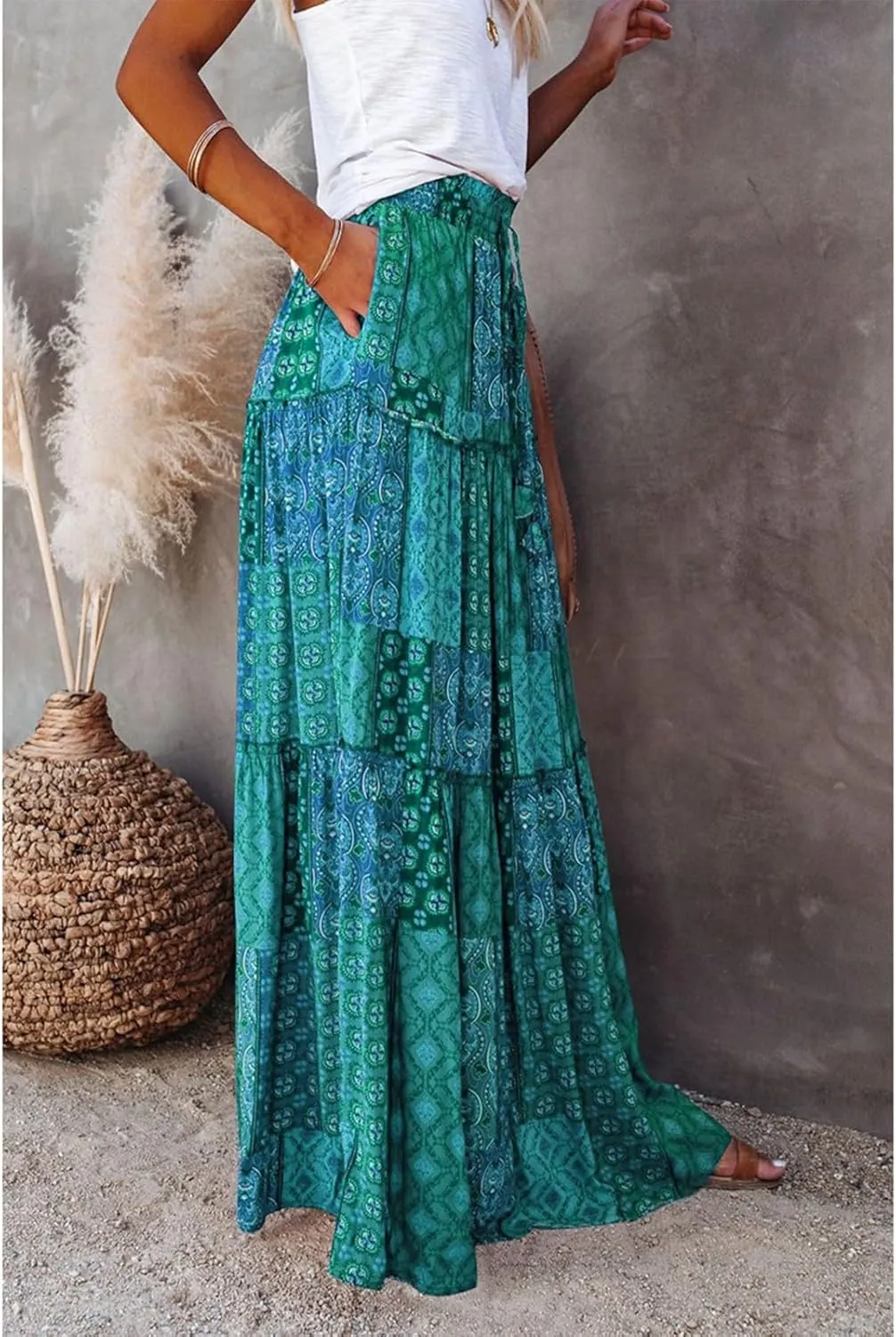 Tiered Pleated Skirts for Women Boho Floral Beach A Line Maxi Skirt Summer Casual High Waist Long Skirts with Pockets