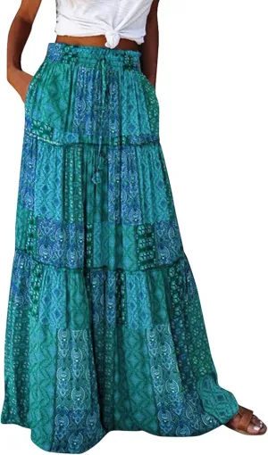 Tiered Pleated Skirts for Women Boho Floral Beach A Line Maxi Skirt Summer Casual High Waist Long Skirts with Pockets