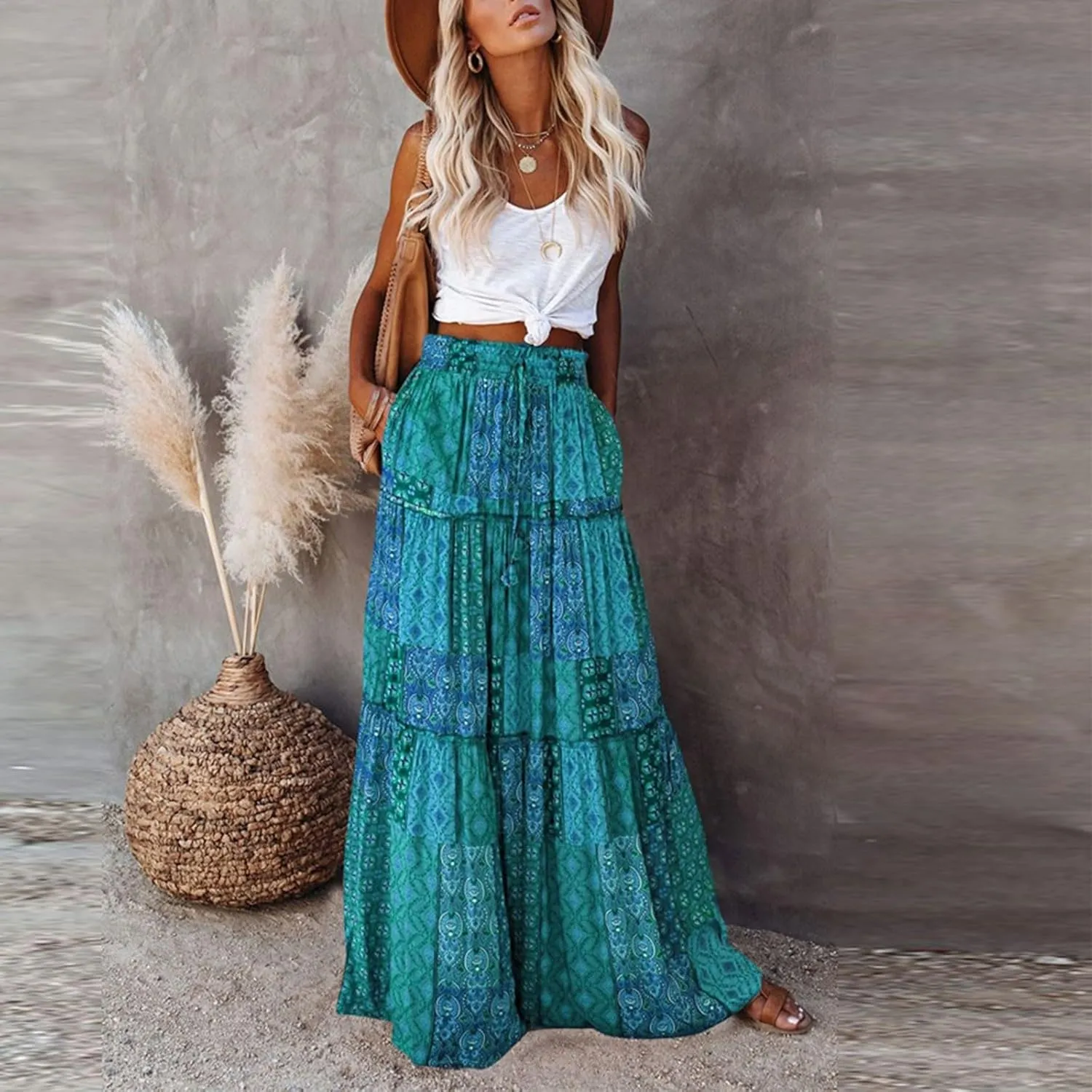 Tiered Pleated Skirts for Women Boho Floral Beach A Line Maxi Skirt Summer Casual High Waist Long Skirts with Pockets