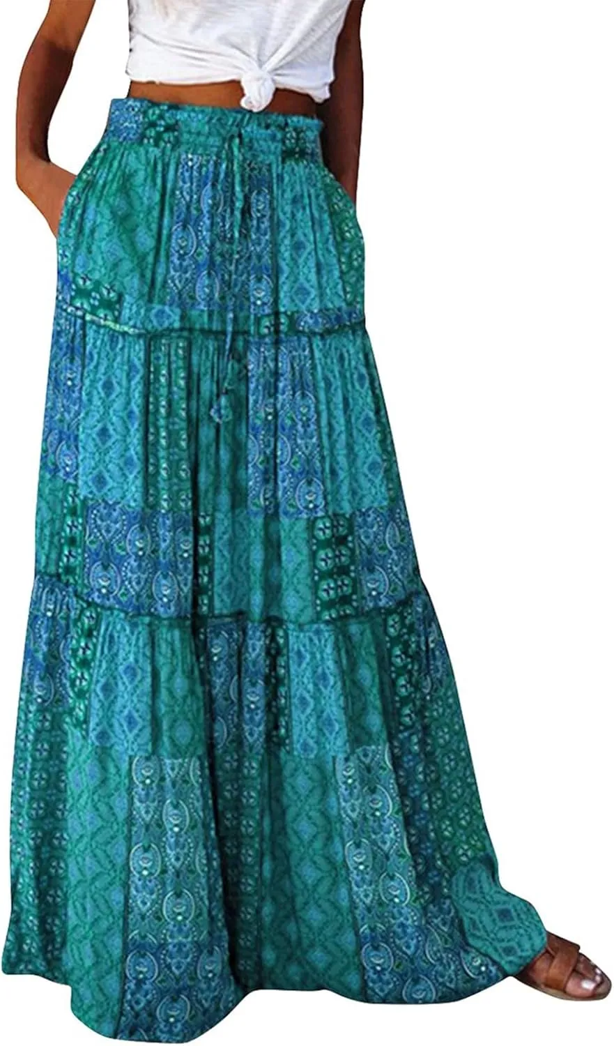 Tiered Pleated Skirts for Women Boho Floral Beach A Line Maxi Skirt Summer Casual High Waist Long Skirts with Pockets