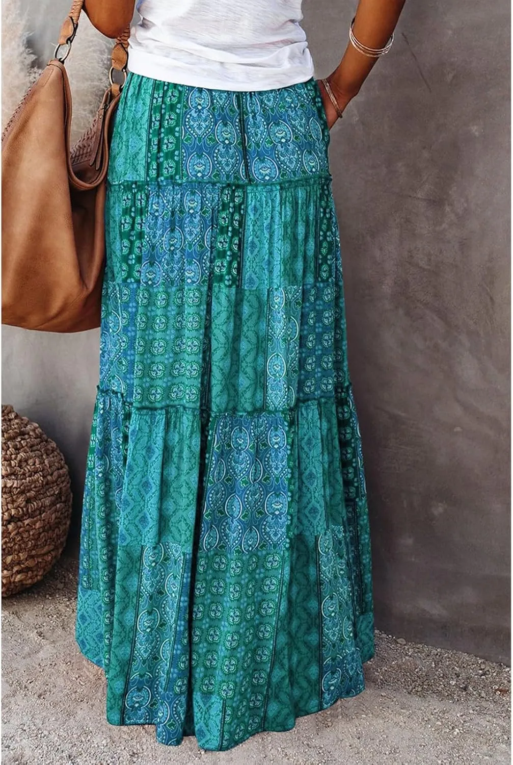 Tiered Pleated Skirts for Women Boho Floral Beach A Line Maxi Skirt Summer Casual High Waist Long Skirts with Pockets