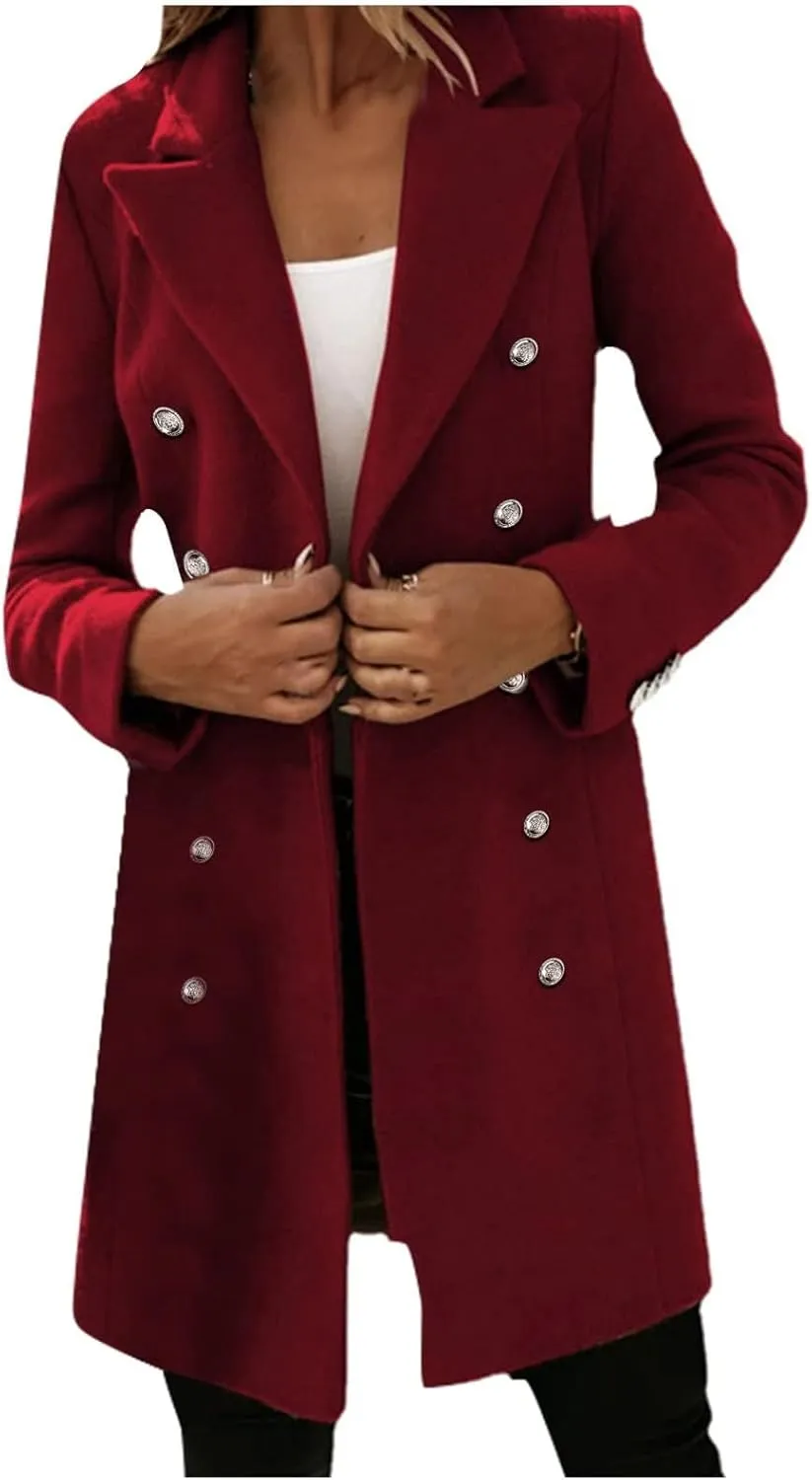 Trench Coat for Women Double Breasted Long Jacket Wool Blend Blazer Oversized Pea Coat Loose Fit Shirts Overcoat